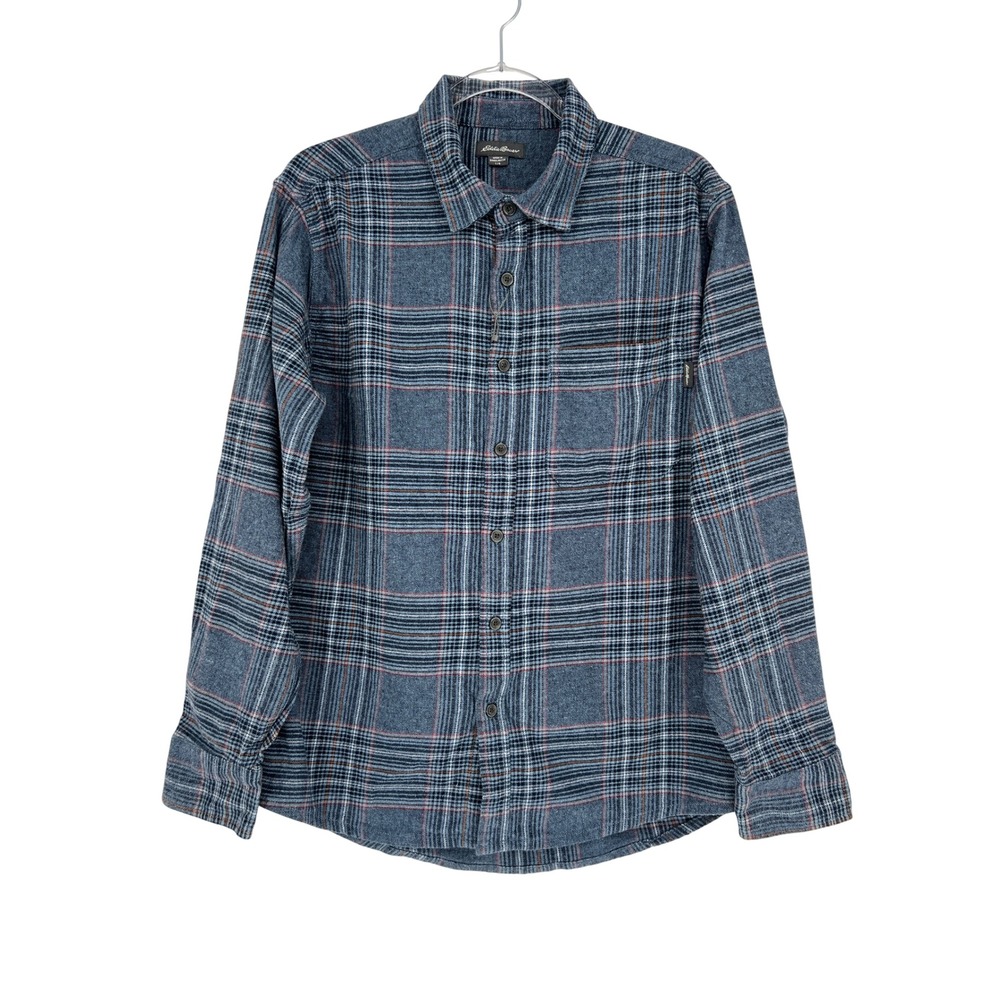 Eddie Bauer Bristol‎ Blue Plaid Flannel Shirt Mens Large 100% Cotton Button Up
